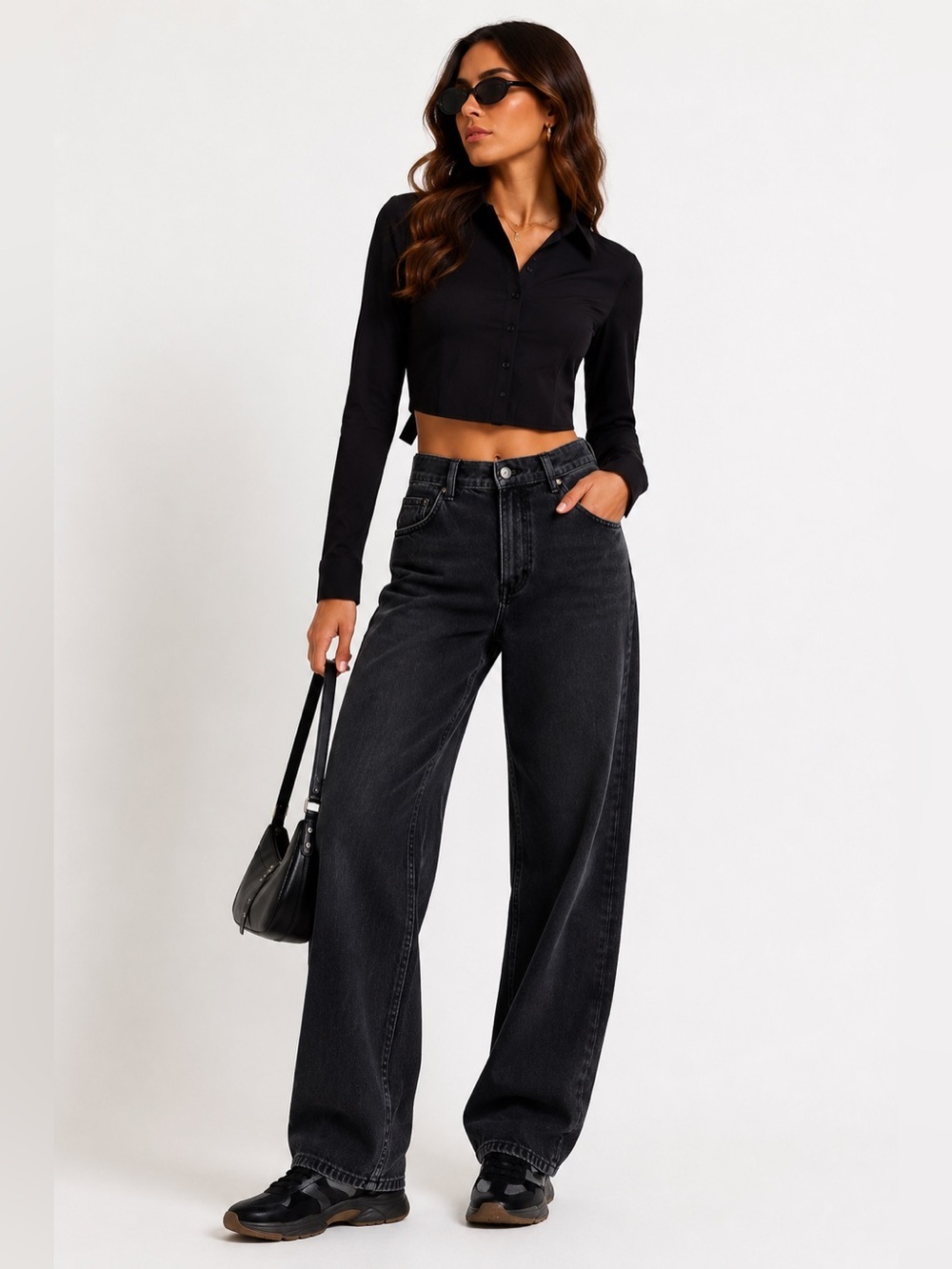 Superdown Black Tie Back Crop Top XS Long Sleeve Button Front Collared Shirt